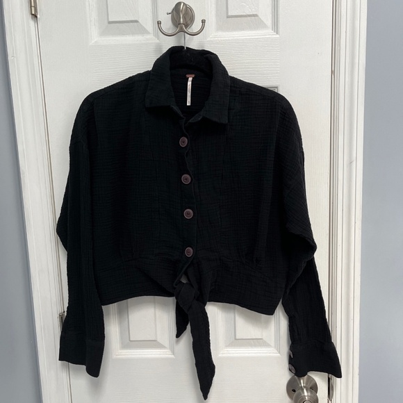Free People Black Cotton Gauze Button Front Tie Hem Shirt Top XS Boho Casual - Picture 1 of 14